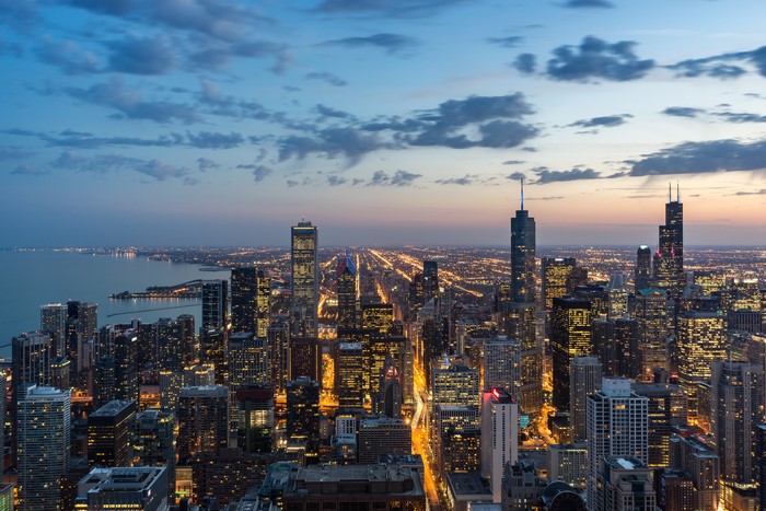 Chicago skyscrapers at dusk overlooking Lake Michigan