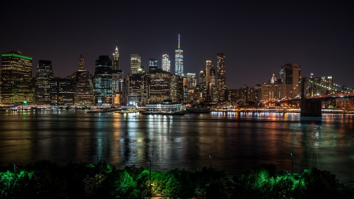 New York City Skyline at Night with Brooklyn Bridge