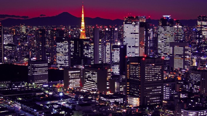 Tokyo cityscape at night with Mount Fuji in the background