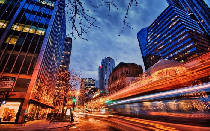 City street at night with light trails