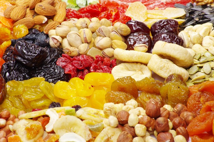 A large assortment of dried fruits and nuts
