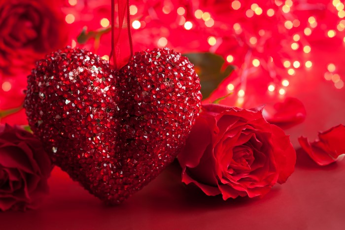 Sparkling Red Heart with Roses for St Valentine Day