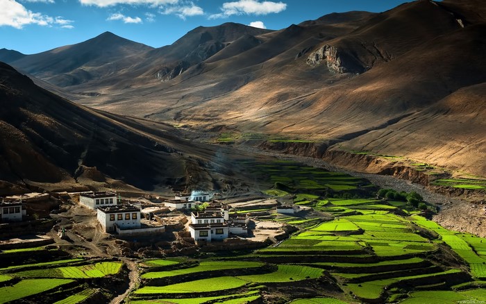 Terraced Fields and Village in the Himalayas, Tibet, China