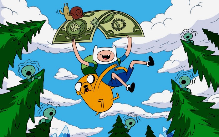 Finn and Jake from Adventure Time flying with money
