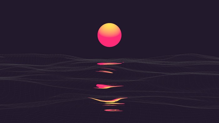 Retrowave sunset over a digital ocean