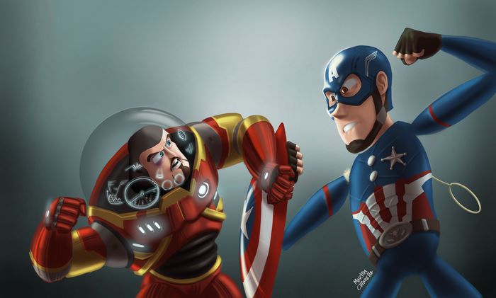 Iron Man in armor fighting Captain America