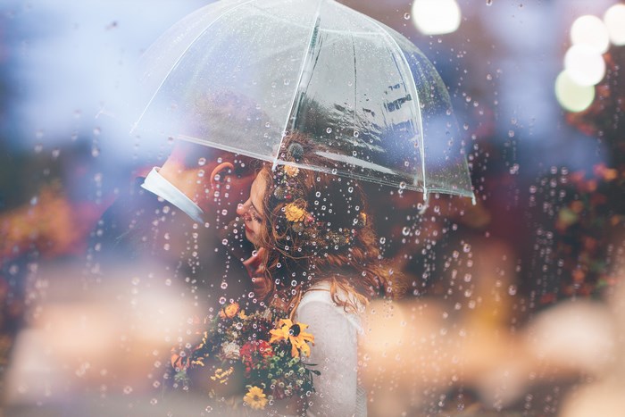 Romantic Couple Sharing an Umbrella in the Rain