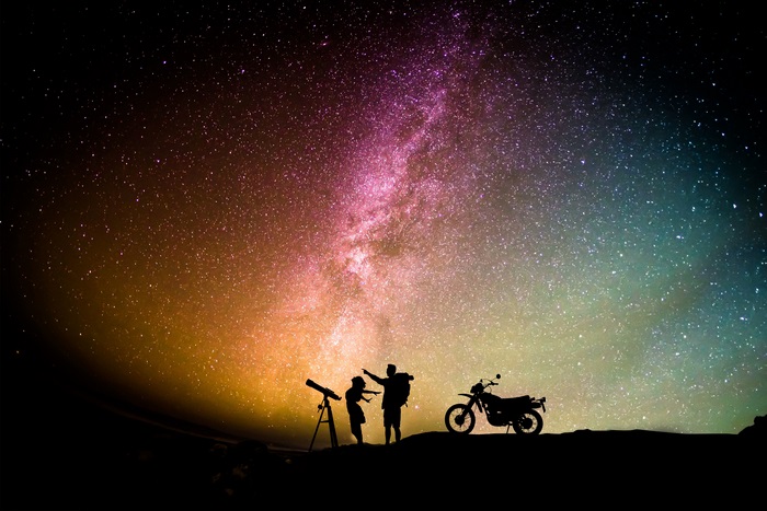 Couple on Motorcycle Under Aurora Night Sky 4K