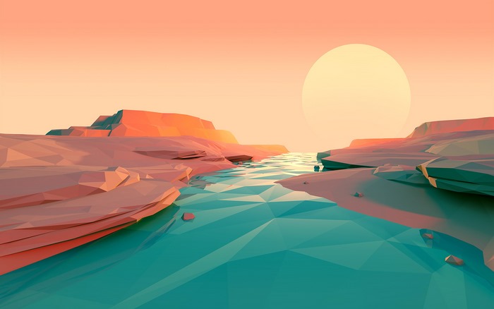 Low poly landscape with river and sunset
