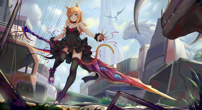 Anime Girl with Giant Sword in Futuristic City 4K
