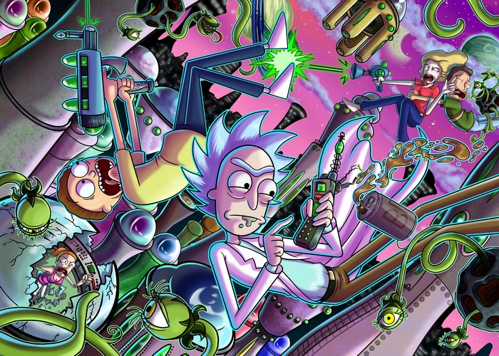 Rick and Morty chaotic space adventure in vibrant colors 4K