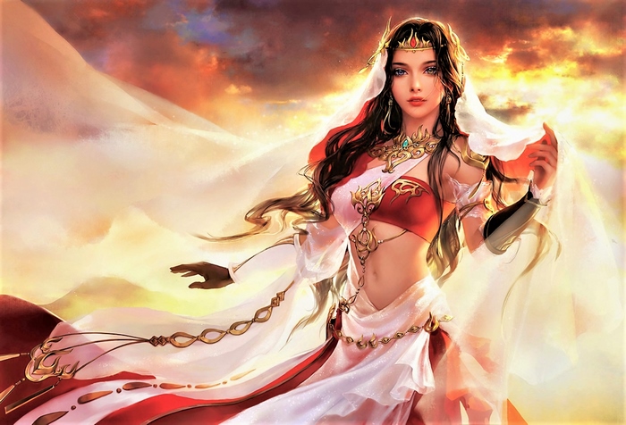 Fantasy woman in red and white attire with crown