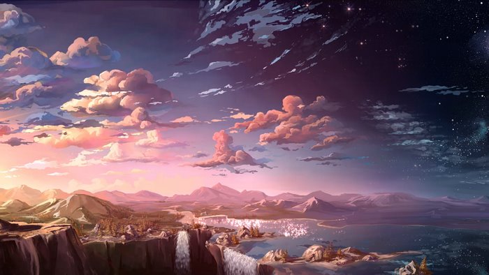 Anime landscape with waterfalls and dual sky