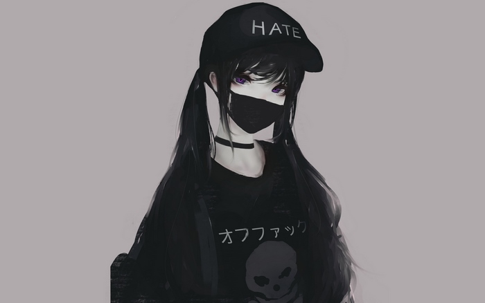 Anime girl with purple eyes wearing a mask and hat