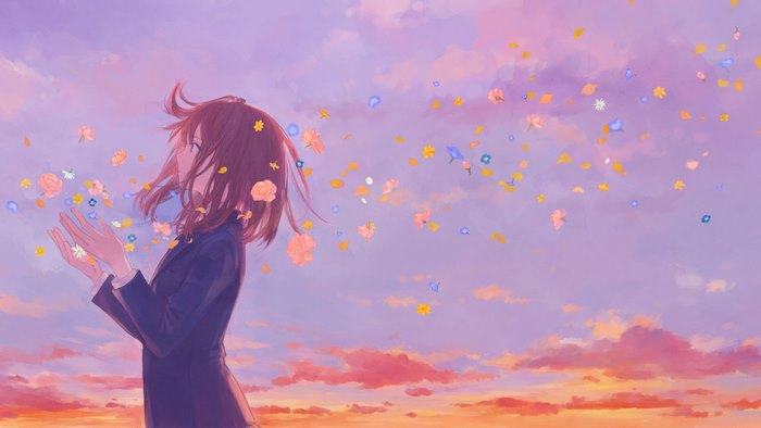 Anime girl releasing flowers into the sky