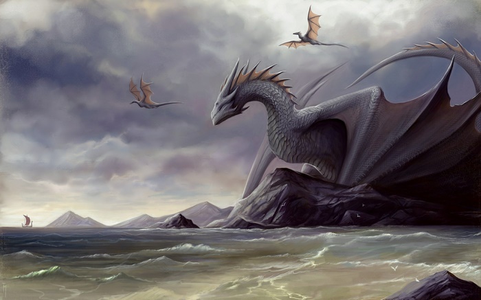 Dragons flying over a rocky coast with a ship