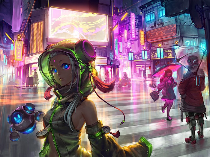 Anime girl with robot in cyberpunk city