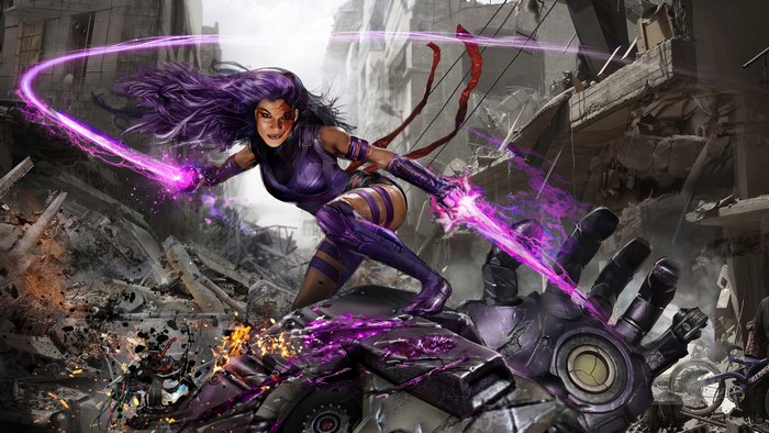Psylocke from Marvel in a destroyed city