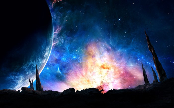 Digital galaxy with planet and rock formations