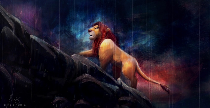 Simba from The Lion King on a rocky outcrop