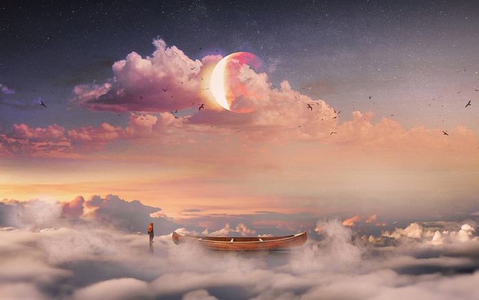 Fantasy artwork of a person and boat in the clouds