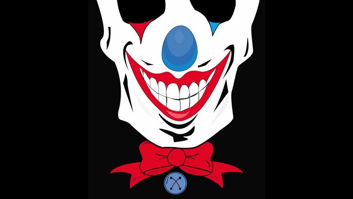 Scary clown face with red bow tie