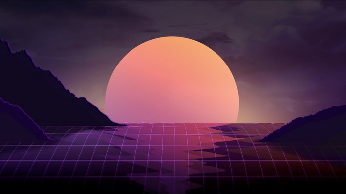 Retrowave digital art with a large sun over a grid landscape
