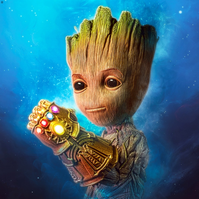 Baby Groot Wearing Infinity Gauntlet in Space 4K