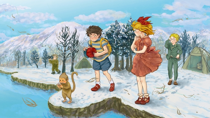 Paula, Jeff, Ness, and Bubbles from EarthBound in a snowy landscape