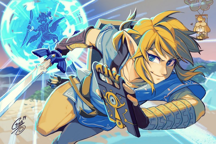 Link from Super Smash Bros. Ultimate with Pit and Isabelle
