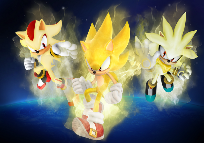 Super Sonic, Shadow, and Silver Power Up Pose