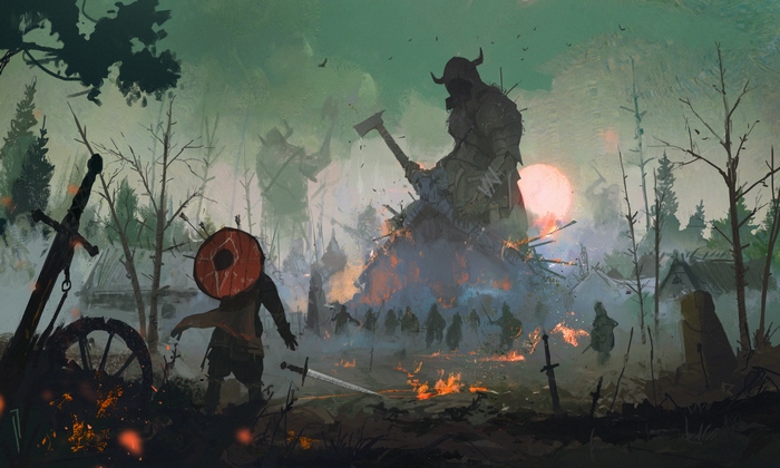 Giants and warriors in a burning village