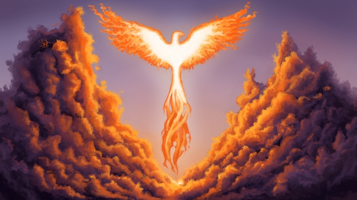 Phoenix rising from clouds at sunset