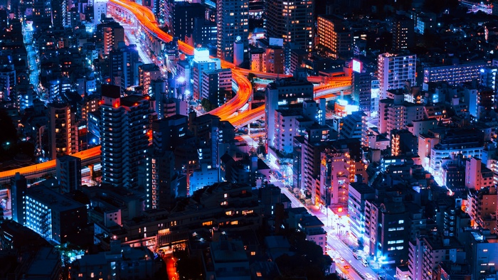 Nighttime Cityscape with Illuminated Highways in Tokyo