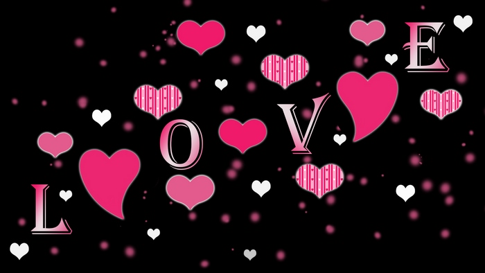 LOVE text with pink hearts on black background