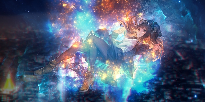Anime girl floating in cosmic energy