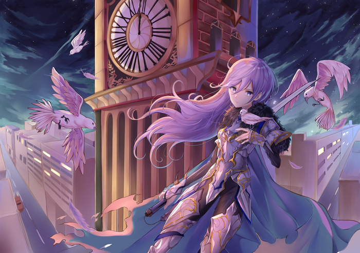 Anime girl with purple hair and armor near clock tower
