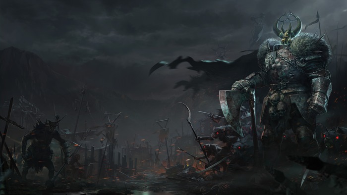 Warhammer warrior with axe and shield, surrounded by creatures