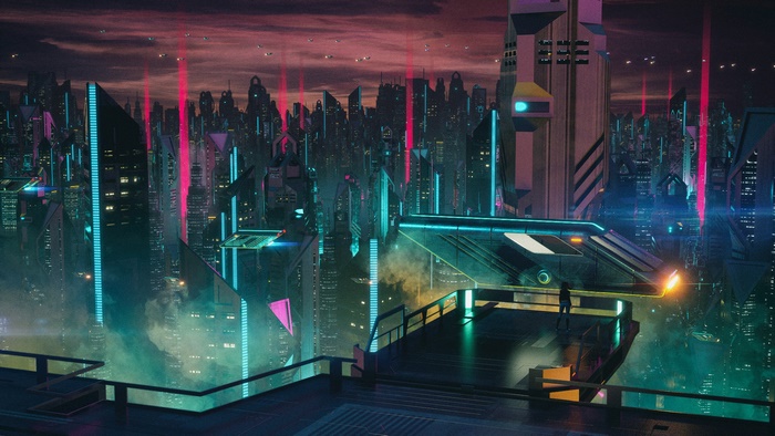 Futuristic Cyberpunk Cityscape with Flying Vehicles