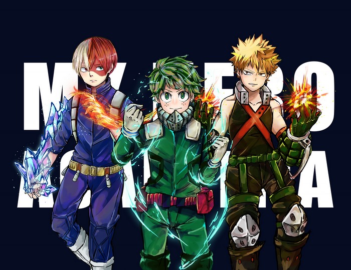 Izuku Midoriya, Katsuki Bakugou, and Shoto Todoroki from My Hero Academia