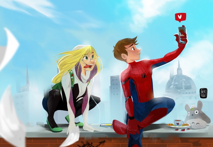 Spider-Man and Spider-Gwen Taking a Playful Selfie
