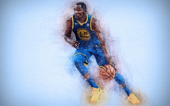 Kevin Durant of the Golden State Warriors dribbling a basketball