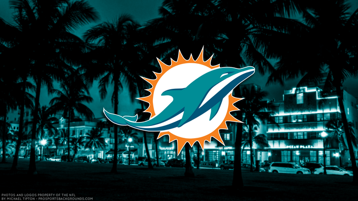 Miami Dolphins Logo with Ocean Drive at Night