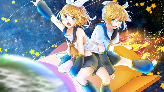 Rin and Len Kagamine from Vocaloid in space