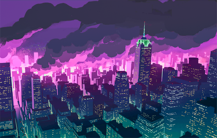 Cityscape at Night with Purple Clouds