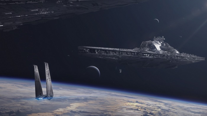 Star Wars Star Destroyer and Shuttle above Planet