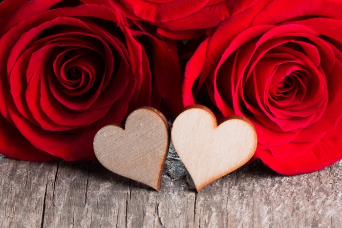 Two Red Roses with Wooden Heart Shapes