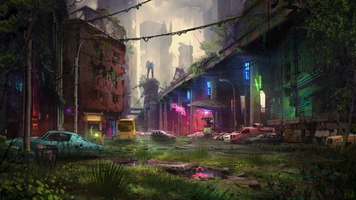 Post-apocalyptic city street with overgrown ruins and neon lights