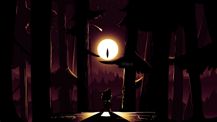 Dipper Pines and Bill Cipher in Mysterious Forest Night
