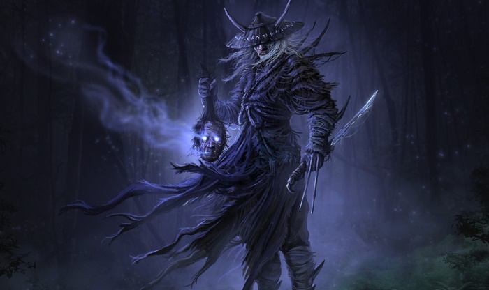 Dark warrior holding a severed head and a sword